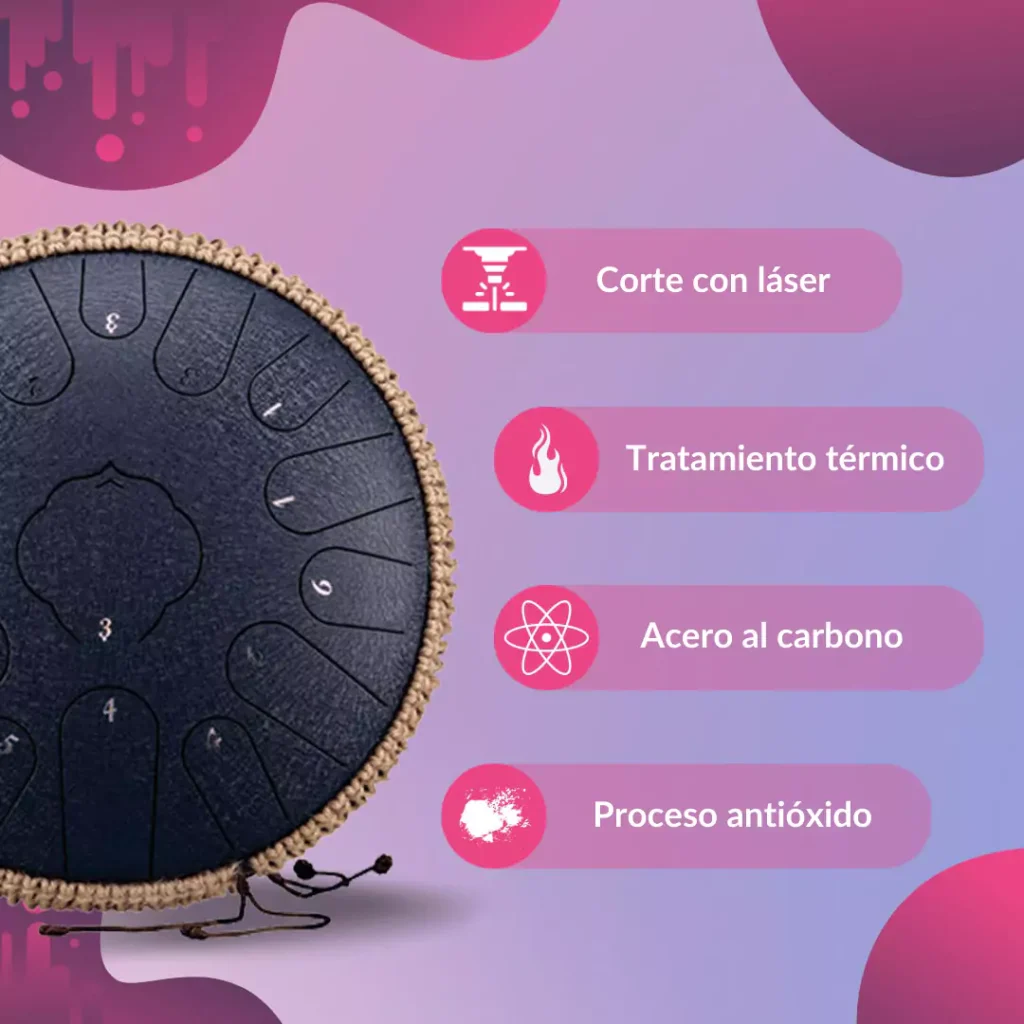 Tambor de Lengua de Acero al Carbono 15 notas 36cm – C (Do) Mayor – 11 colores